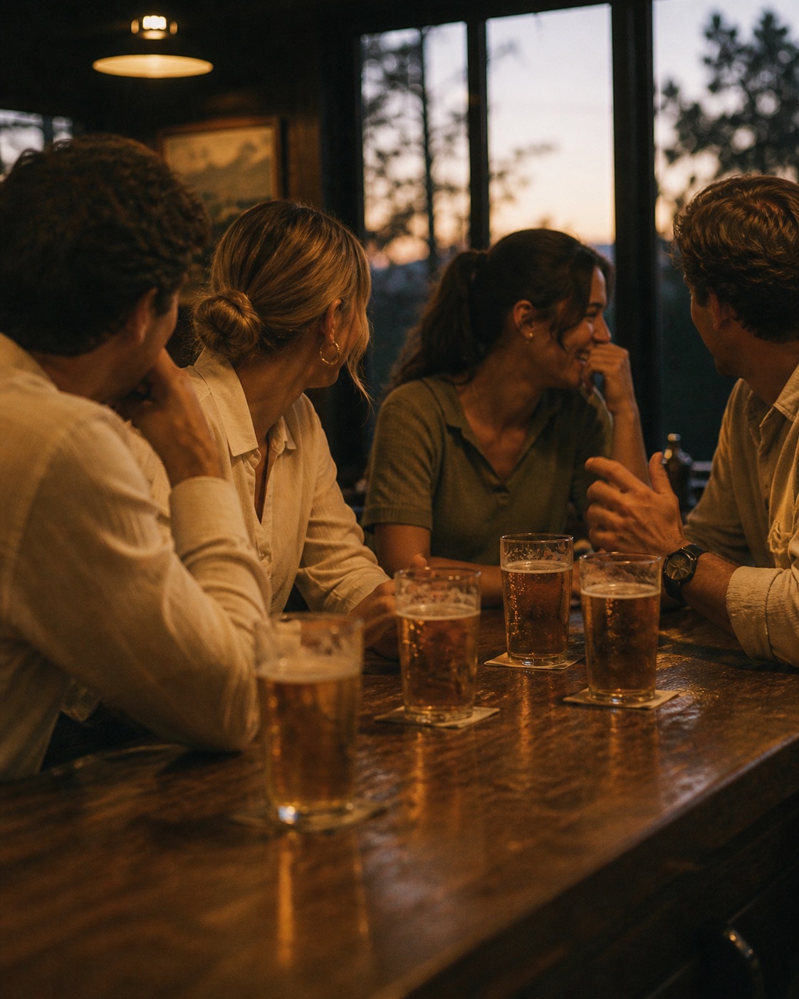 Four people at a clubhouse bar after a round, mid-conversation, warm tungsten light.
