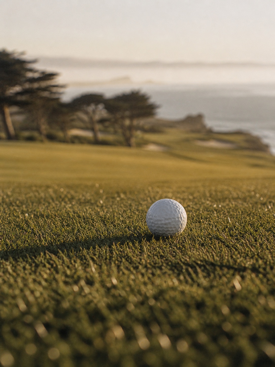 A single golf ball on the fairway, Pacific coastal haze beyond.